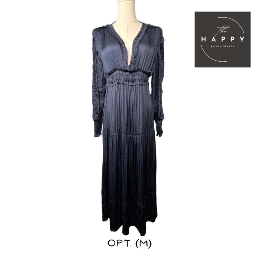 NWOT O.P.T. Navy Pleated with Ruffles, Low-cut V-neck Dress (M)